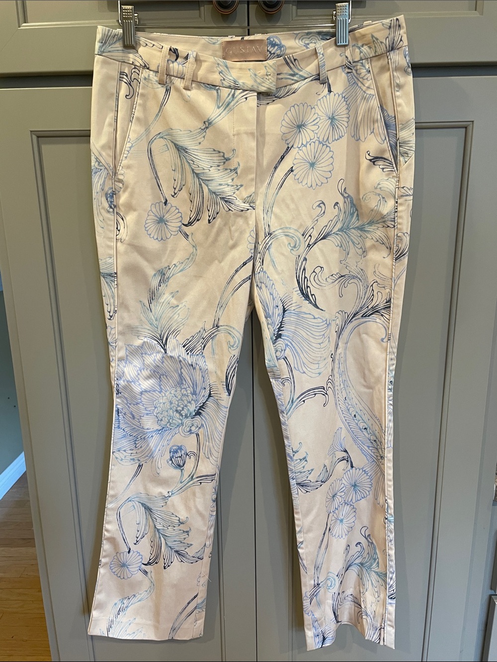 NWOT Light Cream Floral Print Trousers with Blue Accents